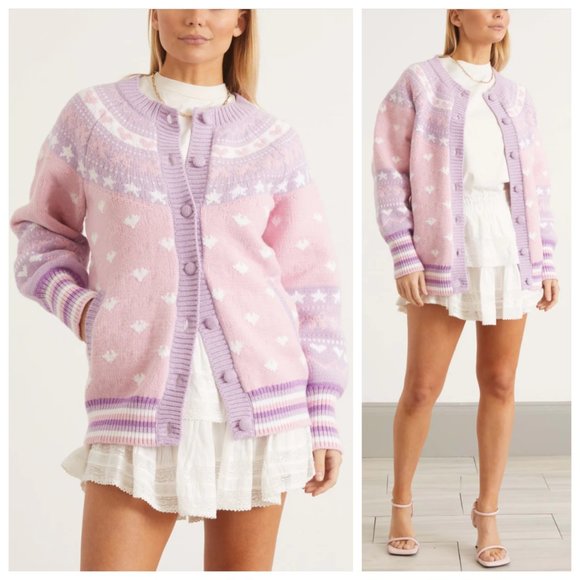 LoveShackFancy Amalo Pink & Purple Heart Boyfriend Cardigan Sweater - Picture 4 of 10